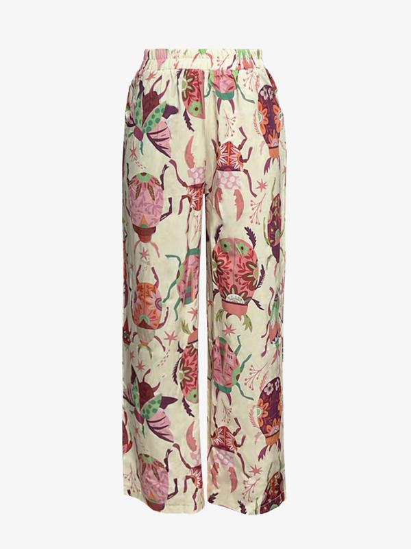  All Over Print Pocket Elastic Waist Wide Leg Pants, Casual Comfy Trousers for Daily Wear, Women's Bottoms for Summer